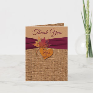 Fall in Love Burlap, Leaves Wedding Thank You Card