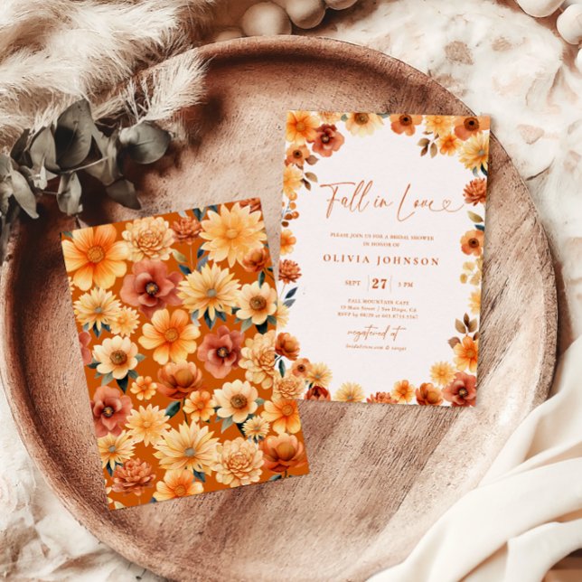 Fall in Love  Burnt Orange Floral Bridal Shower Invitation (Creator Uploaded)