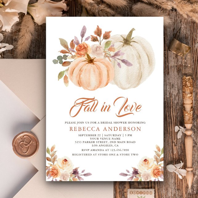 Fall in Love Earthy Floral Pumpkin Bridal Shower Invitation (Creator Uploaded)