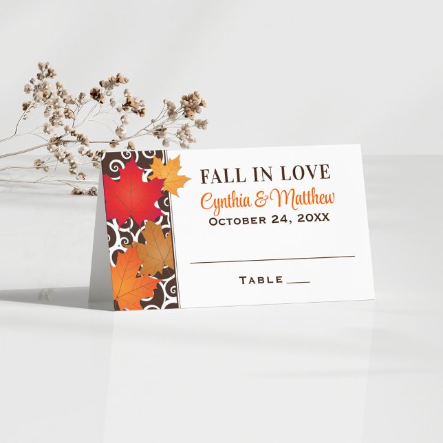 Fall in Love Elegant Autumn Leaves Wedding Place Card (Creator Uploaded)
