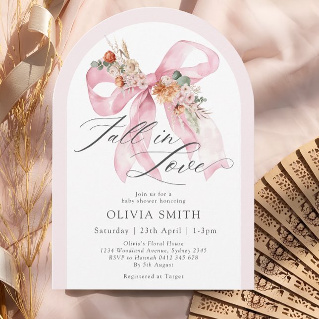 Fall in Love Elegant Pink Bow Floral Baby Shower Invitation (Creator Uploaded)