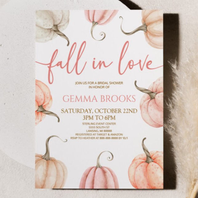 Fall In Love Elegant Pink Pumpkin Bridal Shower Invitation (Creator Uploaded)