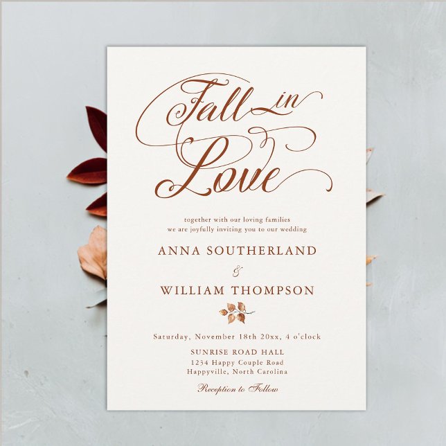 Fall in Love Elegant Romantic Calligraphy Wedding Invitation (Fall in Love wedding invitation romantic calligraphy leaves terracotta elegant rustic boho classic)