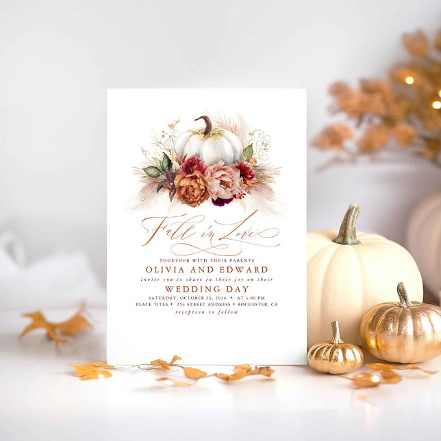 Fall in Love Elegant Wedding Rust Flowers Pumpkin Invitation (Fall In Love Wedding Invitations)