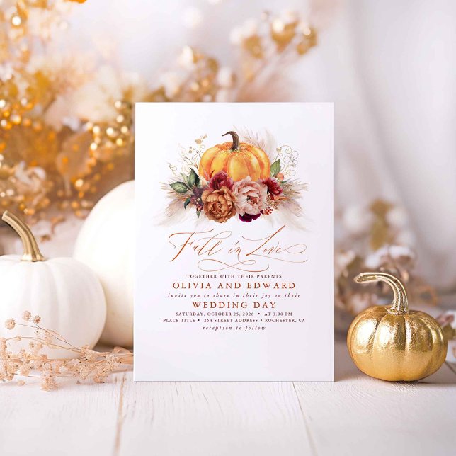 Fall in Love Elegant Wedding Rust Flowers Pumpkin Invitation (Fall in Love Earthy Rustic Fall Wedding Invitations)