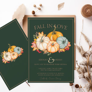 Fall in Love Emerald Green Autumn Pumpkins Wedding Invitation