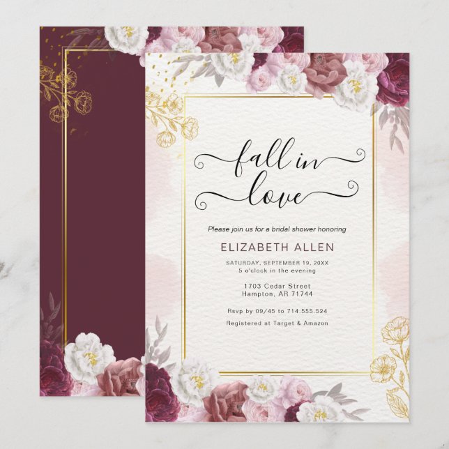Fall in Love Fall Floral Burgundy Bridal Shower Invitation (Front/Back)