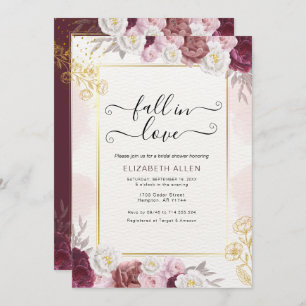 Fall in Love Fall Floral Burgundy Bridal Shower Invitation