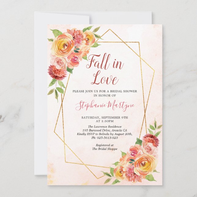 Fall In Love Fall Floral Geometric Bridal Shower Invitation (Front)