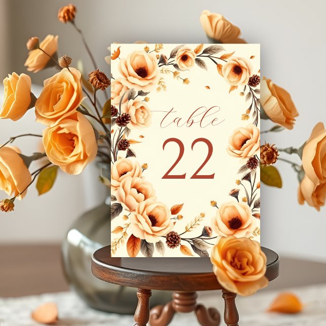 Fall in love floral border peach wedding table number (Creator Uploaded)