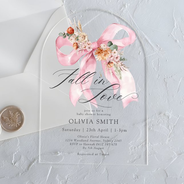 Fall in Love Floral Bow Modern Baby Shower Acrylic Invitations (Creator Uploaded)