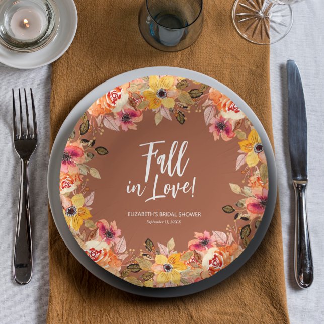 Fall in Love Floral Bridal Shower Terracotta Paper Plate (Creator Uploaded)
