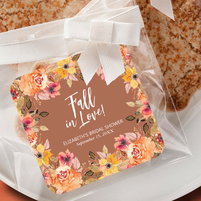 Fall in Love Floral Bridal Shower Terracotta Square Sticker (Creator Uploaded)