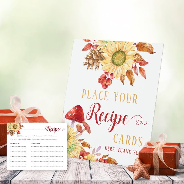 Fall In Love Floral Fall Bridal Shower Recipe Card Pedestal Sign (Creator Uploaded)
