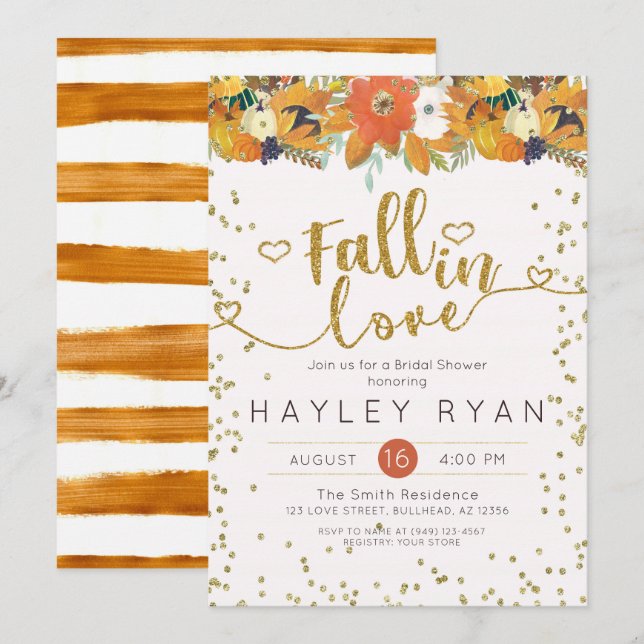 Fall in Love Floral Leaves Pumpkins Bridal shower Invitation (Front/Back)