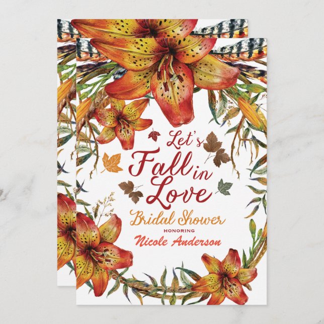 FALL IN LOVE Floral Orange Lilies Bridal Shower Invitation (Front/Back)