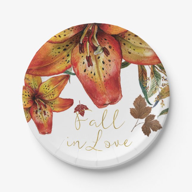 Fall In Love Floral Orange Lilies & Leaves Autumn Paper Plate (Front)