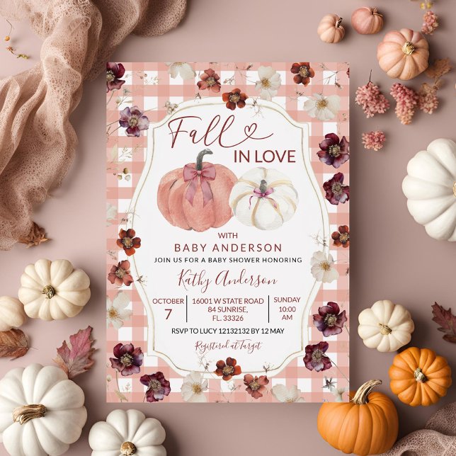 Fall In Love Floral Pink Pumpkin Girl Baby Shower Invitation (Creator Uploaded)