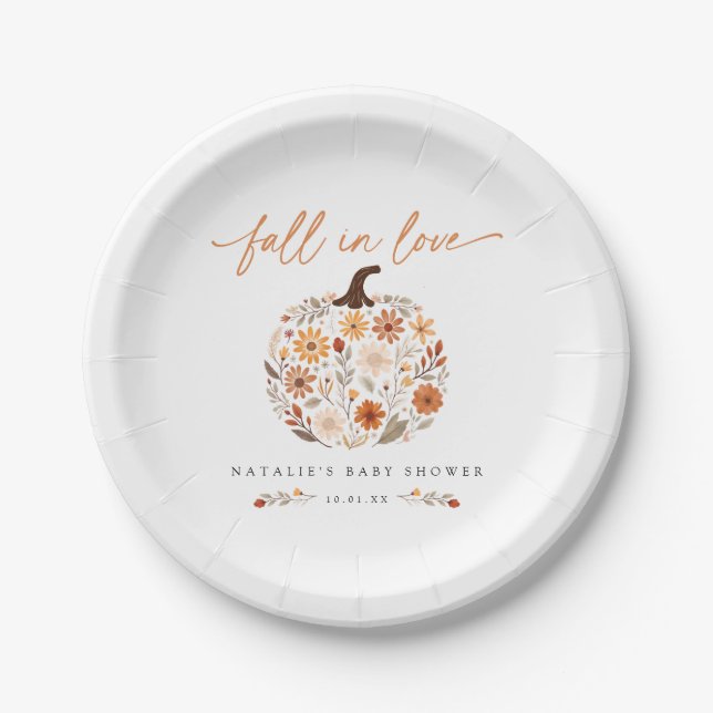 Fall In Love Floral Pumpkin Baby Shower Paper Plate (Front)