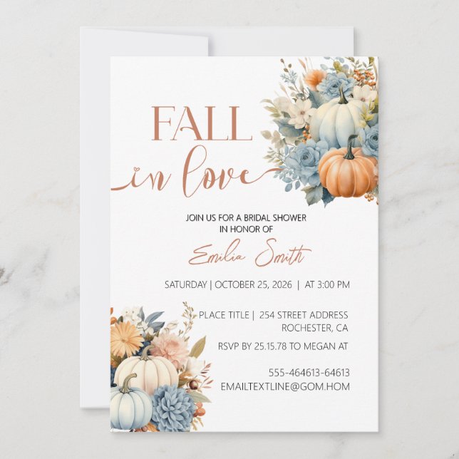 Fall in love floral pumpkin bridal shower  invitation (Front)