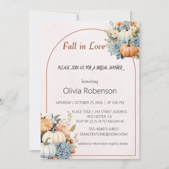Fall in love  floral pumpkin bridal shower invitation (Front)