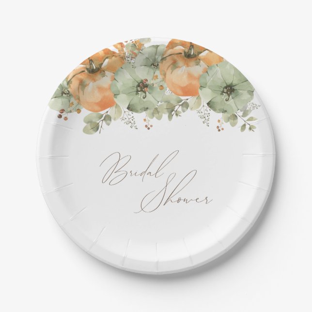 Fall in Love Floral Pumpkin Bridal Shower Paper Plate (Front)
