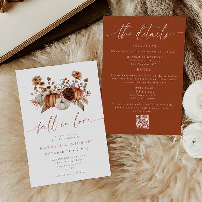 Fall in Love Floral Pumpkin QR Code Wedding Invitation (Creator Uploaded)