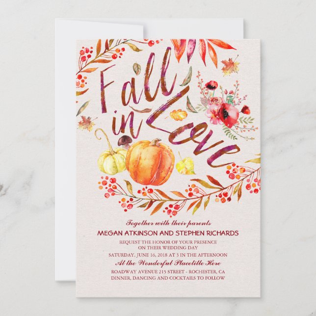 Fall in Love Floral Pumpkin Rustic Country Wedding Invitation (Front)
