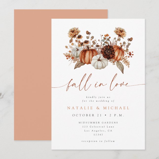Fall in Love Floral Pumpkin Wedding Invitation (Front/Back)