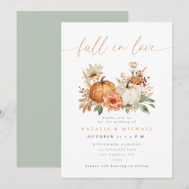 Fall in Love Floral Pumpkin Wedding Invitation (Front/Back)