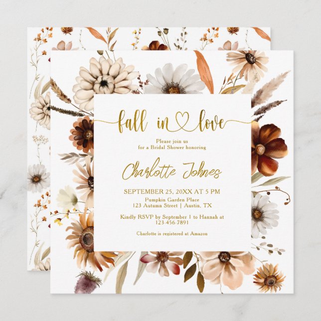 Fall In Love Floral Terracotta Gold Bridal Shower Invitation (Front/Back)