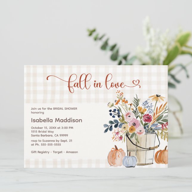 Fall In Love Florals Pumpkins Rustic Watercolor Invitation (Standing Front)