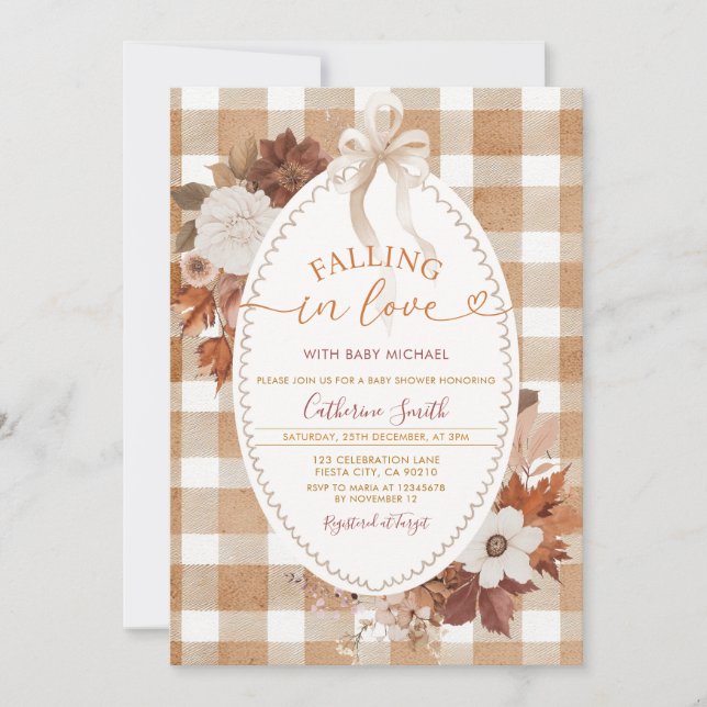 Fall in love Flowers Baby shower Gingham Invitation (Front)