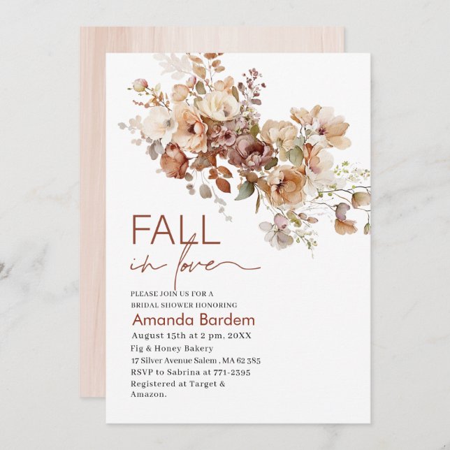 Fall in Love Flowers  Watercolor  bridal shower In Invitation (Front/Back)