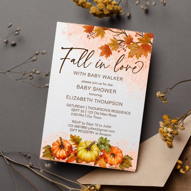 Fall in love foliage pumpkin baby shower template (Fall in love baby shower template invitation watercolor pumpkins autumn foliage maple leaves)