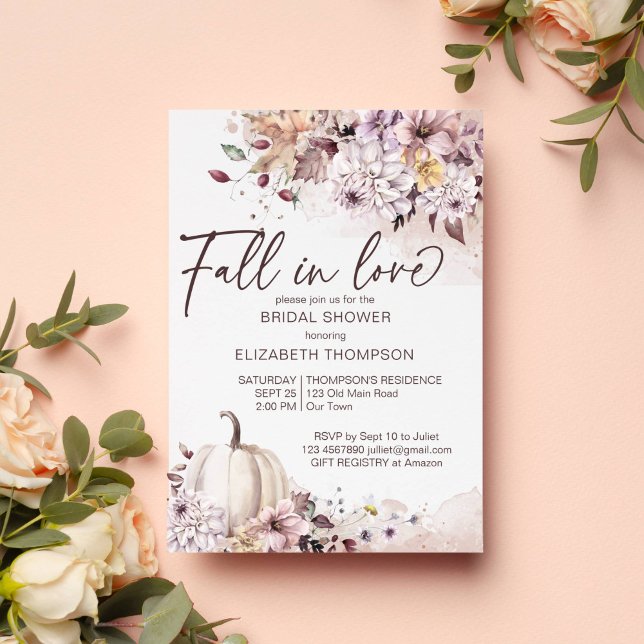Fall in love foliage pumpkin bridal shower invite (Fall in love autumn fall bridal shower pastel watercolor pumpkin foliage chrysanthemum invitation )