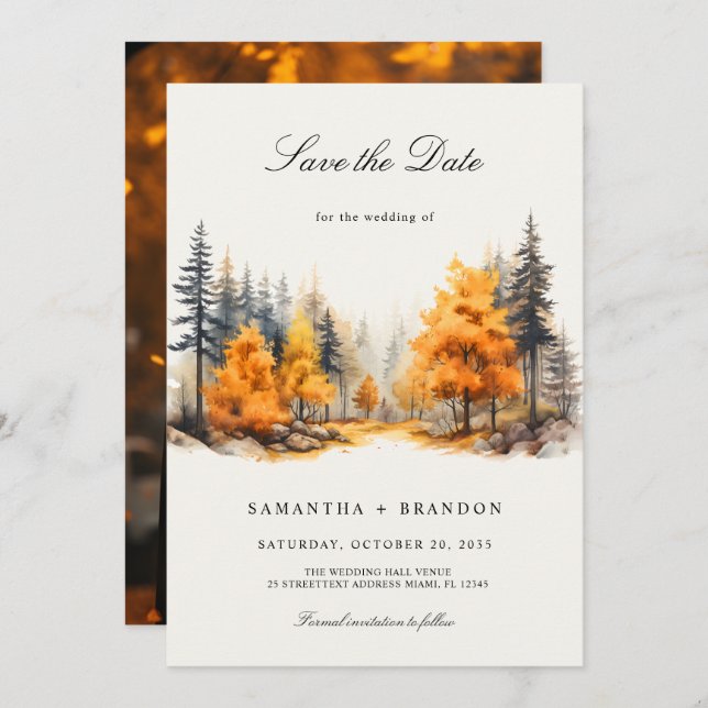 Fall in love Forest Photo Save The Date (Front/Back)
