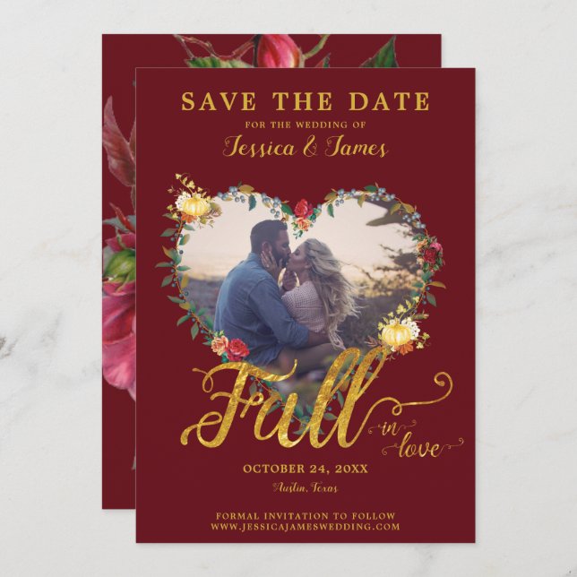 Fall in Love Gold Burgundy Floral Save the Date Invitation (Front/Back)