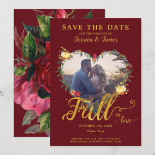 Fall in Love Gold Burgundy Floral Save the Date Invitation