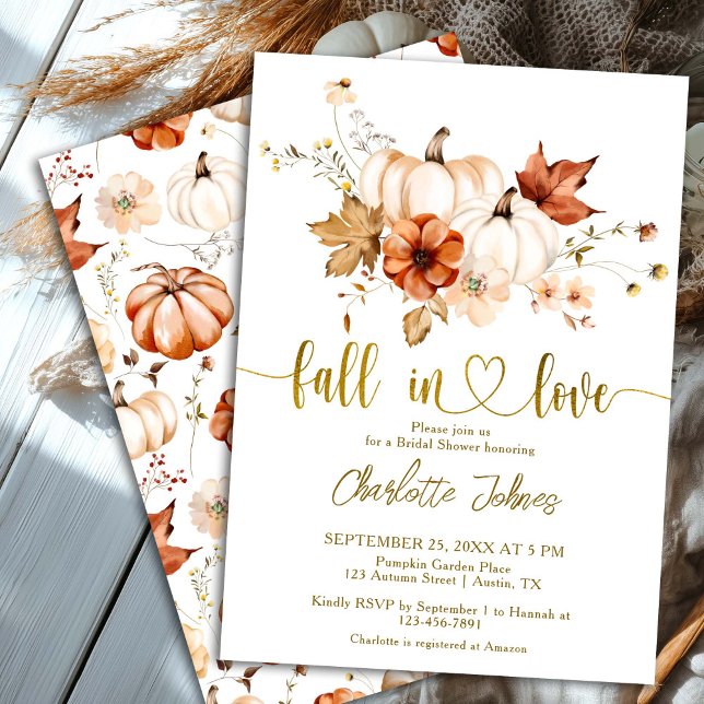 Fall In Love Gold Cream Pumpkin Bridal Shower Invitation (Creator Uploaded)