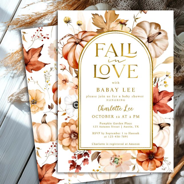 Fall in Love Gold Foil Arch Pumpkin Baby Shower Invitation (Creator Uploaded)