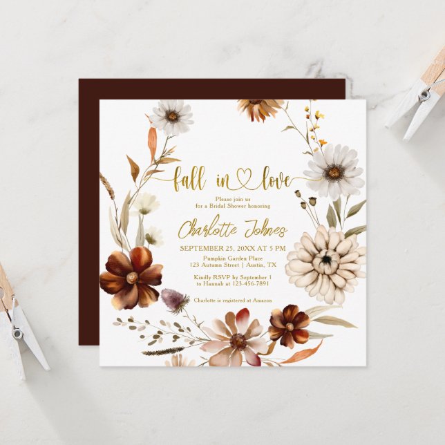 Fall In Love Gold Foil Neutral Boho Bridal Shower Invitation (Front/Back In Situ)