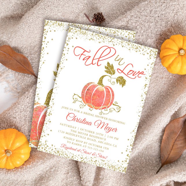 Fall in Love Gold Pumpkin Bridal Shower Invitation (Creator Uploaded)