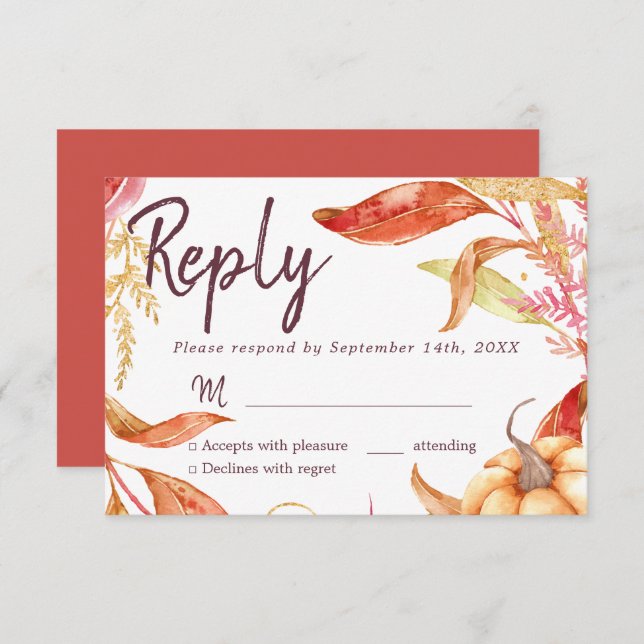 Fall in Love Golden Foliage Autumn Red RSVP Invitation (Front/Back)