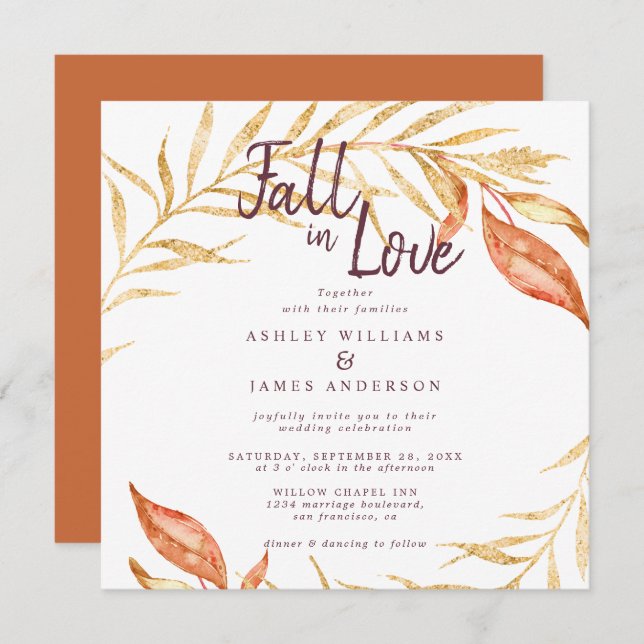 Fall in Love Golden Foliage Burnt Orange Wedding Invitation (Front/Back)