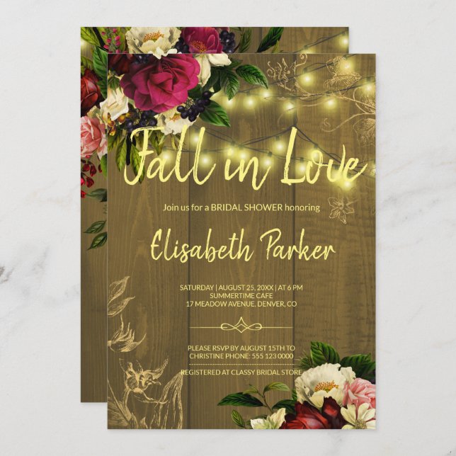 Fall in love golden lights floral bridal shower invitation (Front/Back)