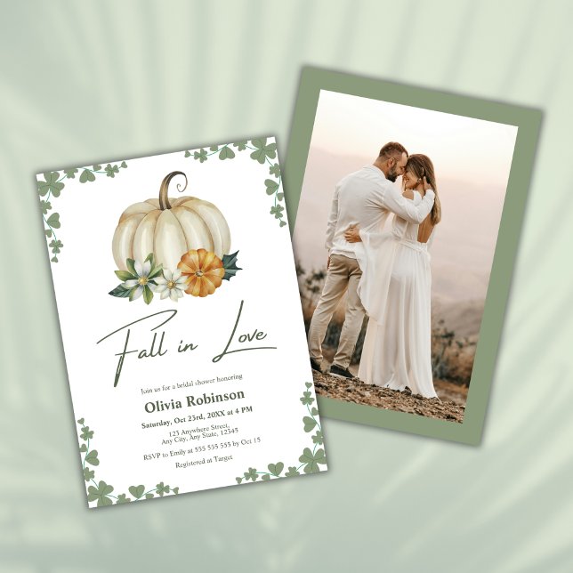 Fall in Love Greenery Pumpkin Photo Bridal Shower  Invitation (Fall in Love Greenery Pumpkin Photo Bridal Shower Invitation  )