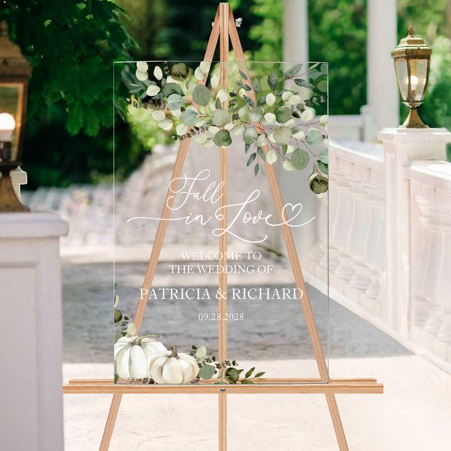 Fall in Love Greenery Pumpkin Wedding Welcome Acrylic Sign (Creator Uploaded)