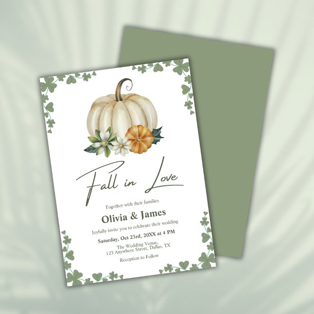 Fall in Love Greenery Sage Green Pumpkin Wedding Invitation (Fall in Love Greenery Sage Green Pumpkin Wedding Invitation )