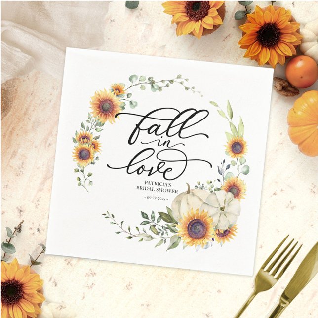Fall In Love Greenery Sunflowers Bridal Shower Napkin (Creator Uploaded)